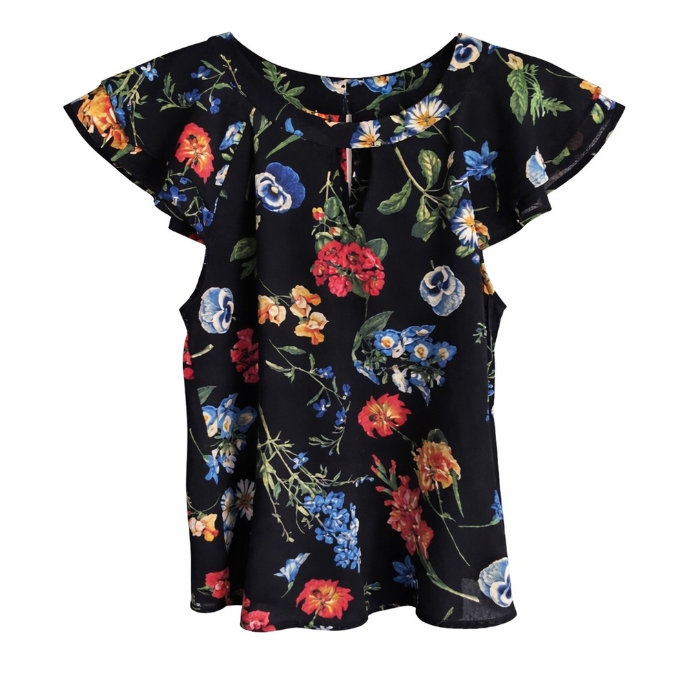 Mine Black Floral Flutter Sleeve Blouse Large Stretch Keyhole Back Top